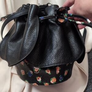 Coach Black Leather Bucket Bag with Floral Design
